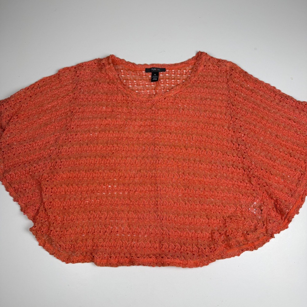 Style & Co Women XL Coral Orange Metallic Open Knit Poncho Top Shimmer Crochet